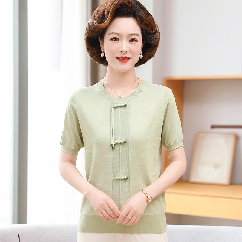 

Mom s Summer Ice Silk Short-Sleeve Top: Petite Chinese Style T-Shirt for Middle-Aged and Elderly Women L (recommended 80-100 jin) зелений