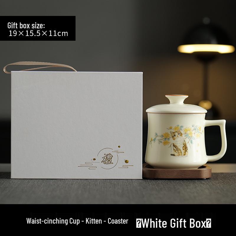 Beige Ru Ware Ceramic Tea Cup with Cute Kitten Design and Lid, Gift Boxed