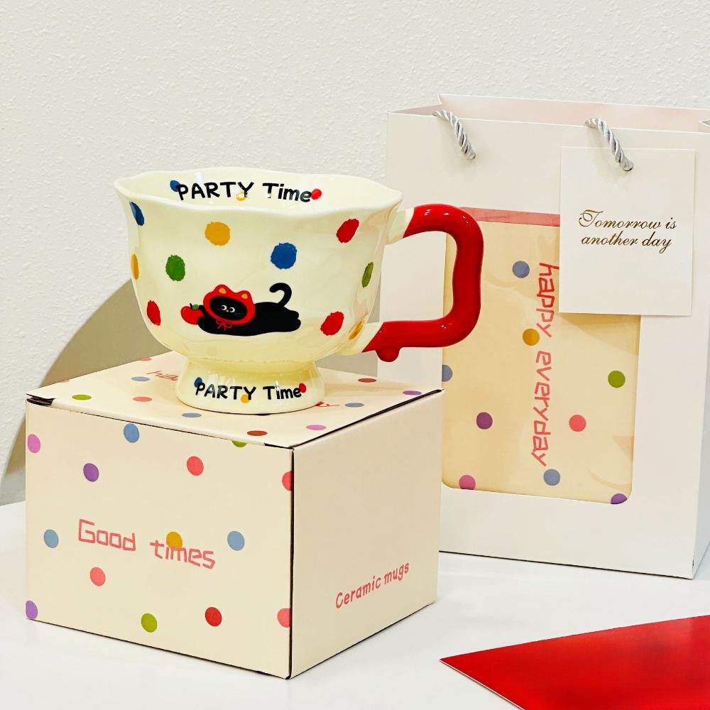 High Temperature Resistant Goblet Polka Dot Cute Pet Cartoon Cute Ceramic Cup High Looking Office Drinking Mug Souvenir Gift