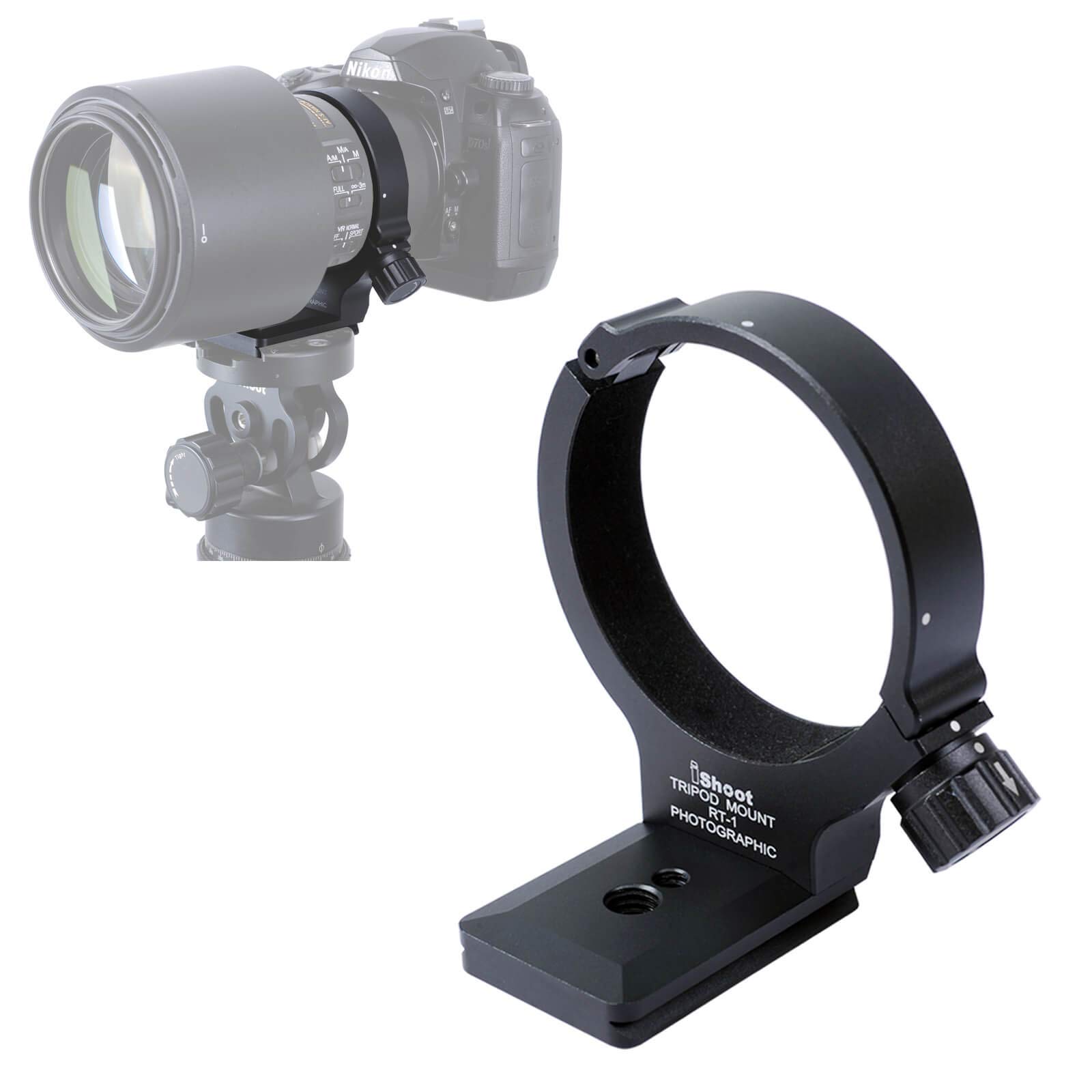 

iShoot Tripod Collar Mount specifically designed for the Nikon 300mm PF ED VR and Nikon ED VR The lens support bracket collar features an plate at the чорний