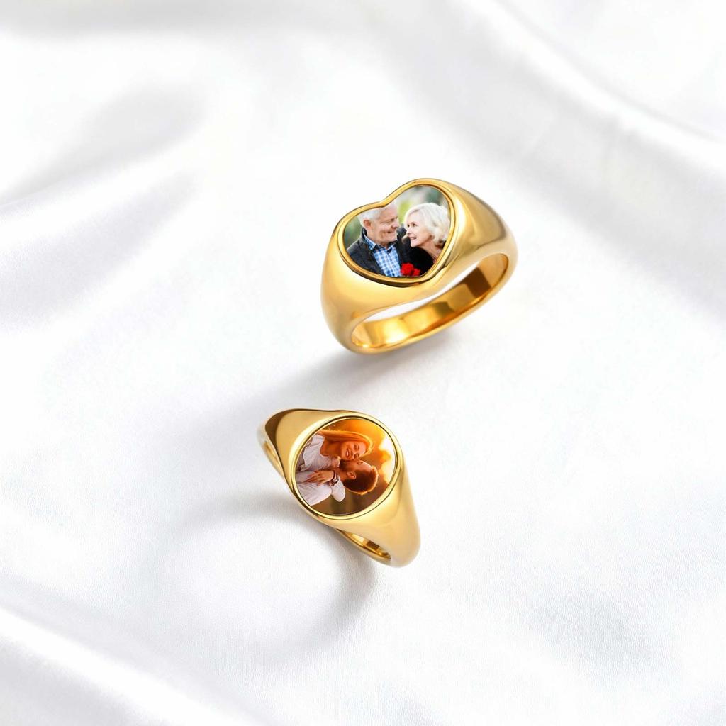 Stainless Steel Custom Photo Ring Gold Plated Heart Round Personalized Ring, Customized Memorial Jewelry for Women Mother Couple