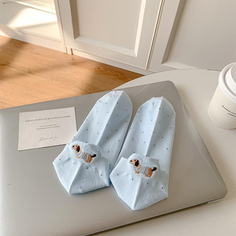 Female Spring and Summer Thin Pure Cotton Polka Dot Cute Cartoon Dachshund Embroidered Boat Socks