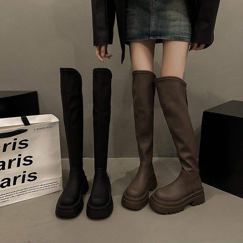 SIELVYINE sammetslårstövlar dam 2025 vinter nya långa stövlar smala höga tjocksulade lårhöga smala stövlar