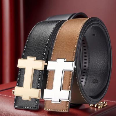 Unisex Korean H Buckle Genuine Leather Belt with Lychee Grain Design