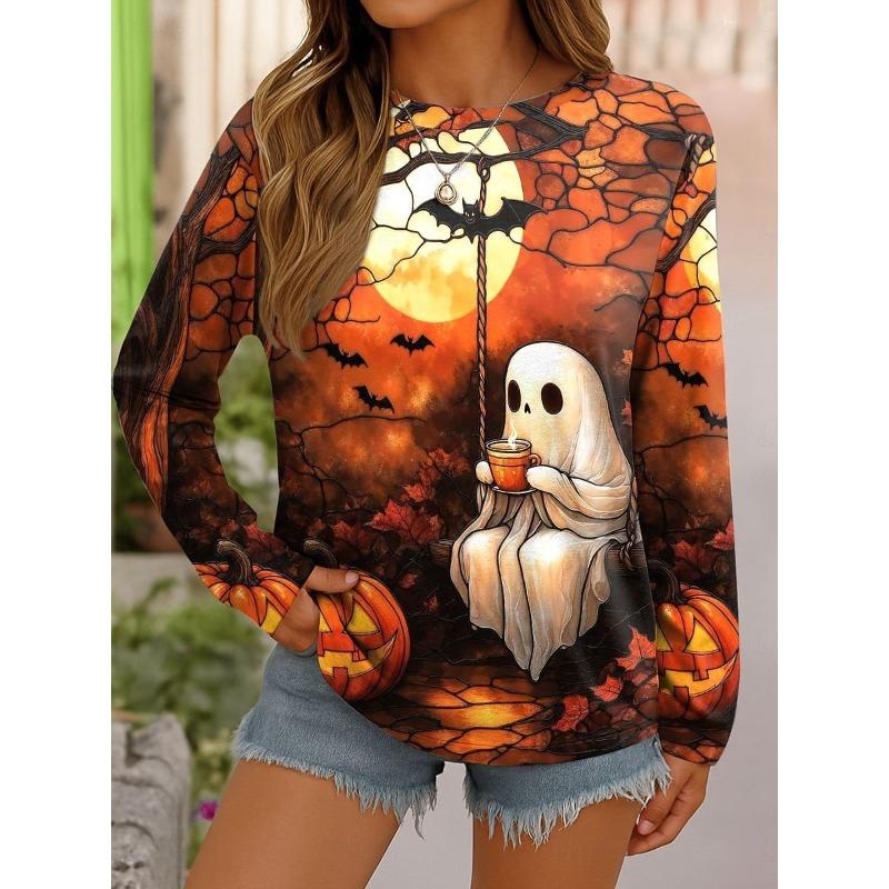 Round Neck 3D Ghost Printed Top Casual Long Sleeved Women's T-shirts - Soft Medium Stretch Polyester Fabric Spring and Autumn Relaxed Fit Clothing