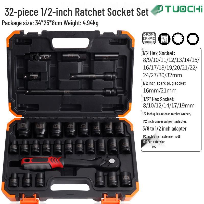 32-Piece 1/2  Socket and Ratchet Wrench Set for Car Repair