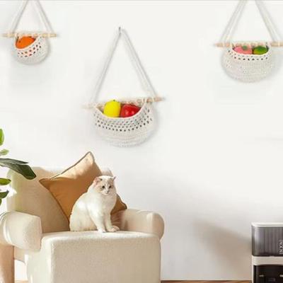 Durable Cotton Rope Hanging Fruit Baskets Simple Handmade Fruit Net Pocket Stylish 3 Tier Storage Bag for Home