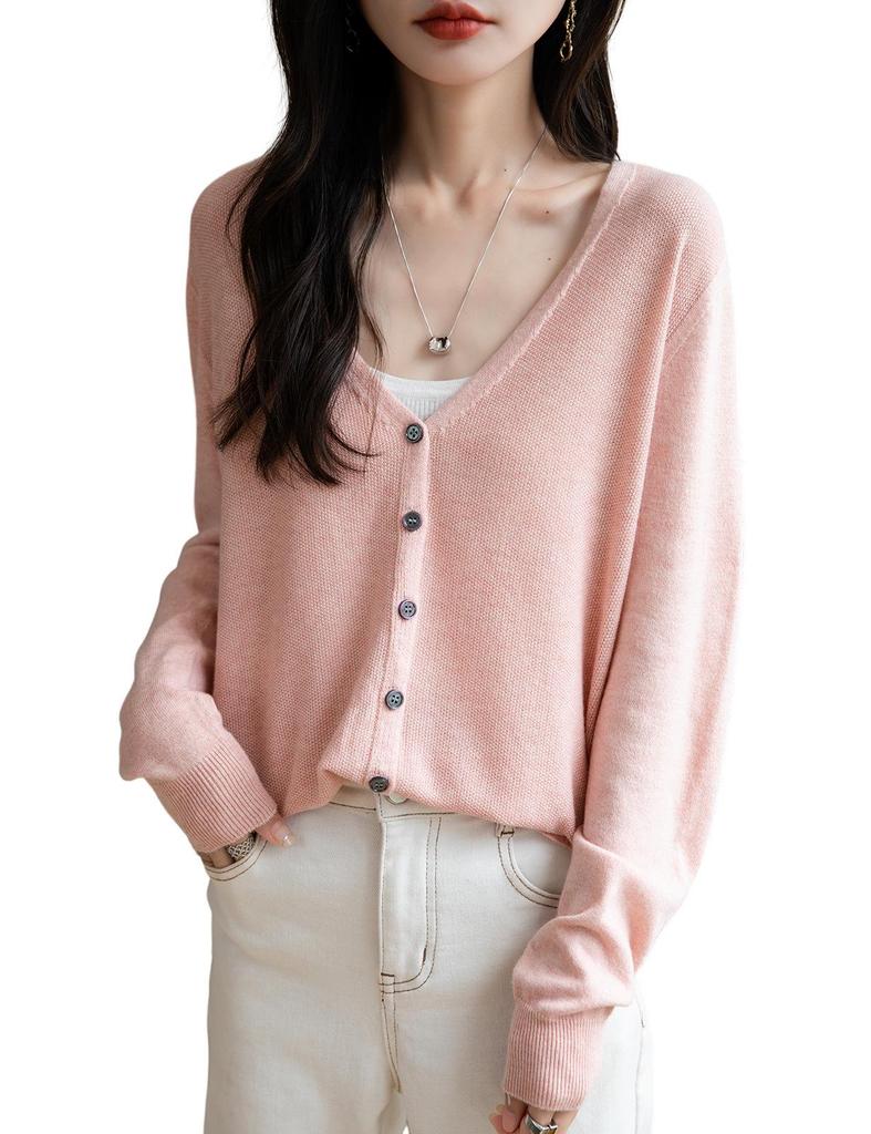 Women's Loose Fit Wool V-Neck Long Sleeve Cardigan Sweater