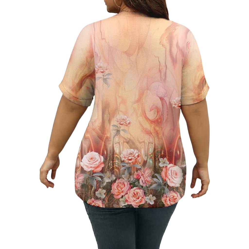 T-shirt Top Casual Stampata da Donna con Scollo a V a Maniche Corte Taglia Larga