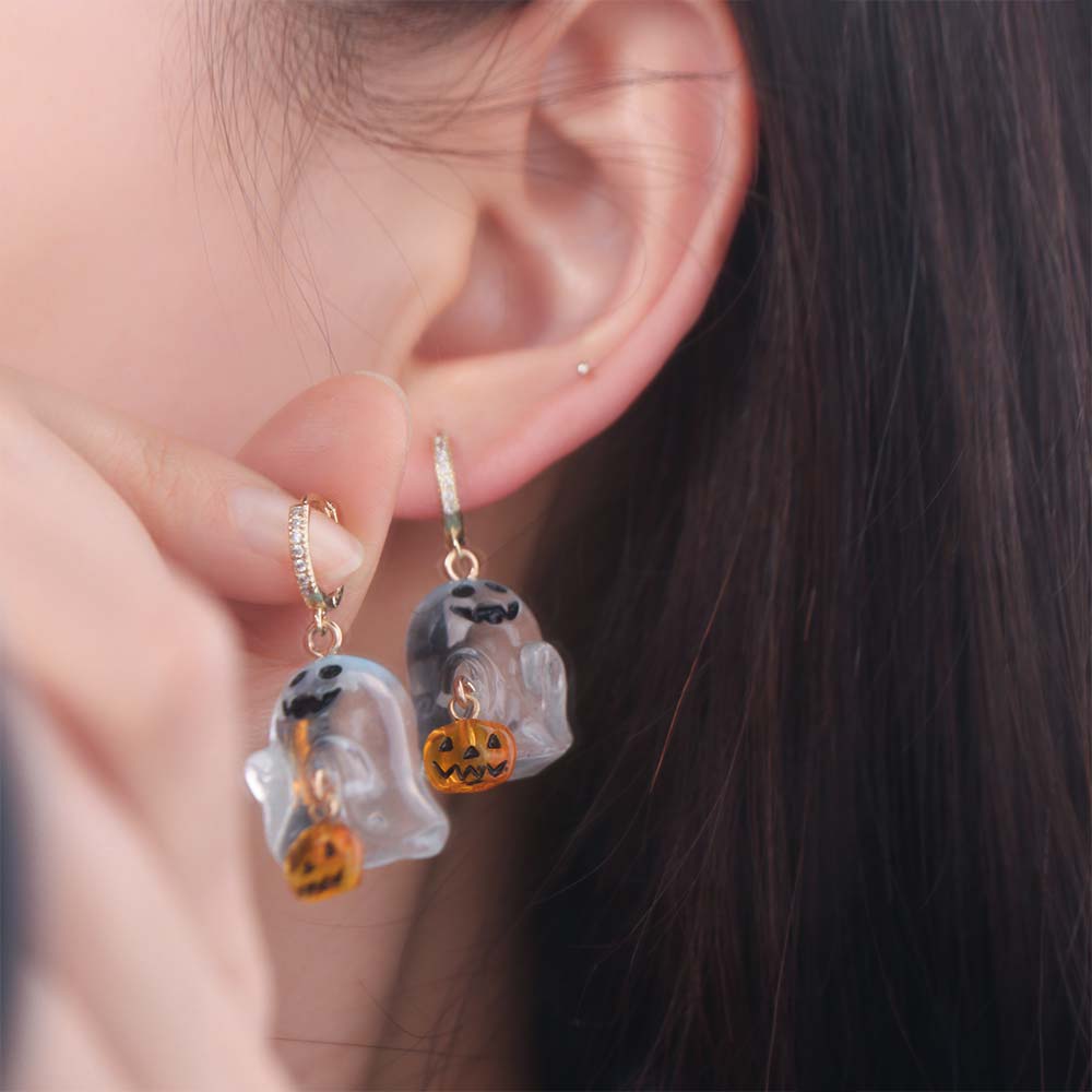 Resin Halloween Earrings Rhinestone Pumpkin Dangle Earrings Cute Ghost Ear Studs  Girl