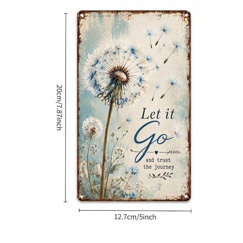 Vintage Dandelion Let Go Quote 2D Flat Rustic Farmhouse Wooden Wall Art, Inspirational Home Decor for Living Room Bedroom