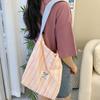 Pleated Striped Contrasting Shoulder Bag, Fresh and Versatile Large-capacity Canvas Bag, Female College Student Class Bag, Female Bag
