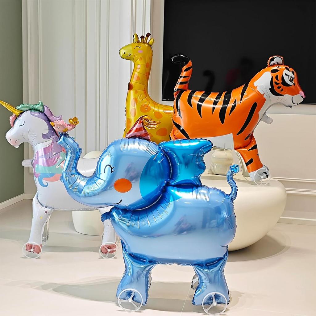 Cartoon Animals Stand Up Aluminum Film Balloons with Wheels Tiger Giraffe Elephant Dinosaur Birthday Party Decoration