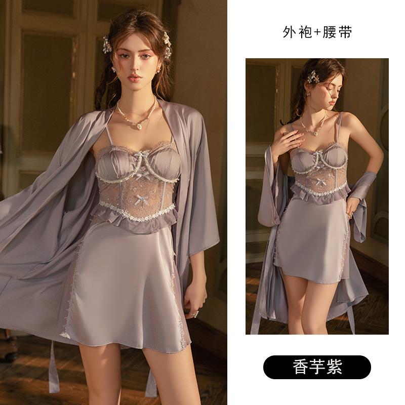 Women's Palace Style Satin Lace Sheer Padded Backless Cami Sleep Dress with Robe Set
