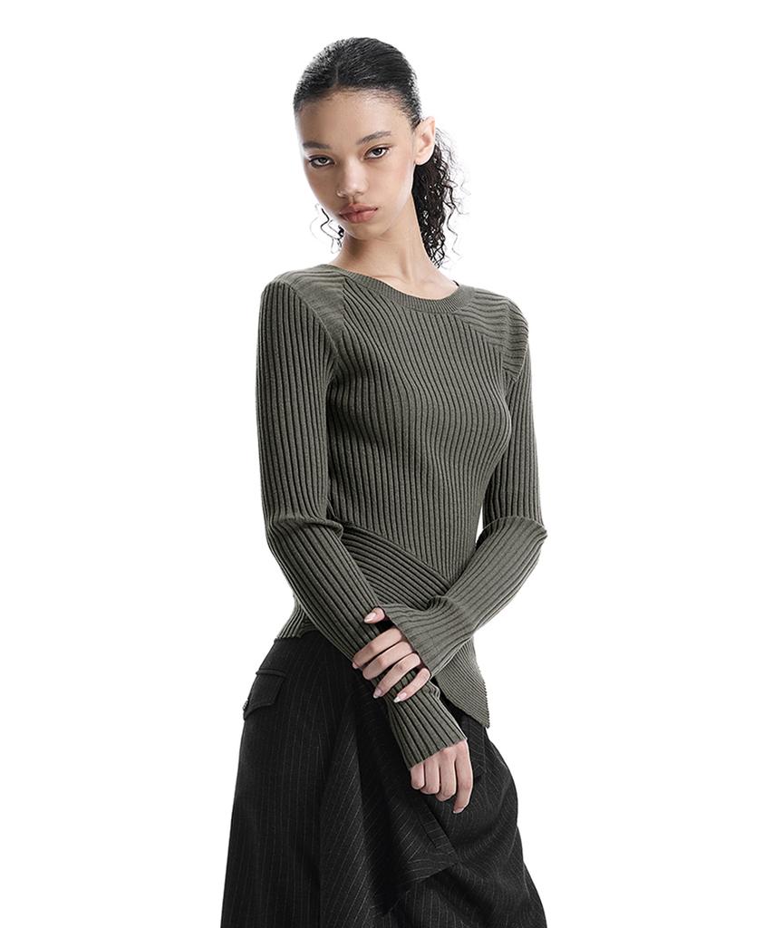 TREEMINGBIRD Asymmetric Ribbed Knit Top [ Khaki ]