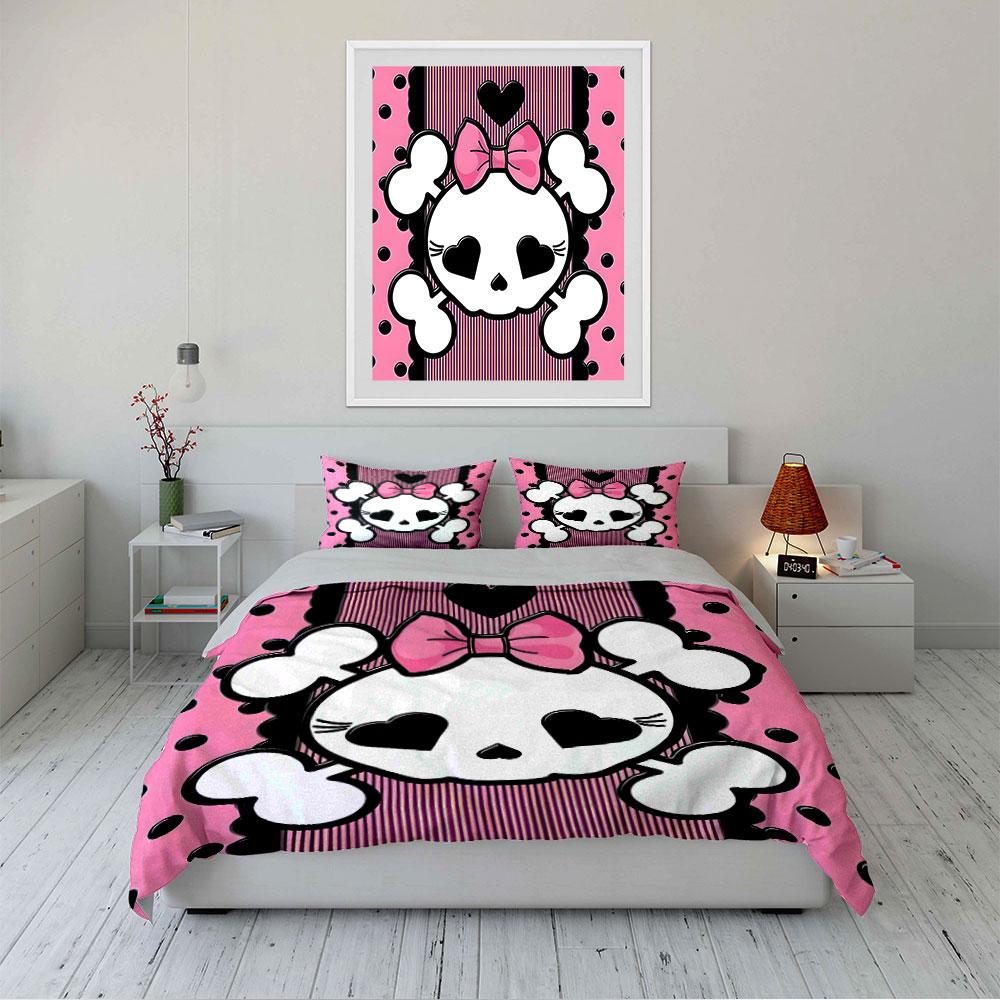 Cartoon Skull Pink Bedding Set Bedding Duvet Cover Set Duvet Cover Pillowcases (1 * Duvet Cover 2 * Pillowcases, Without Duvet Insert)