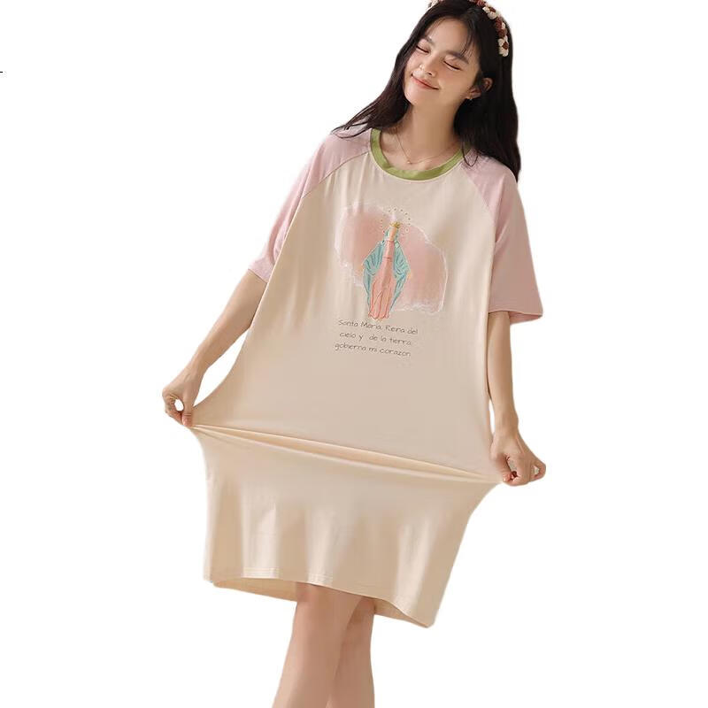 LANGSHA Women's Nightgown, Summer Pure Cotton Sleepwear, Short-Sleeve Mid-Length Dress, Thin All-Cotton Loungewear, Fun Patchwork Design, Size M