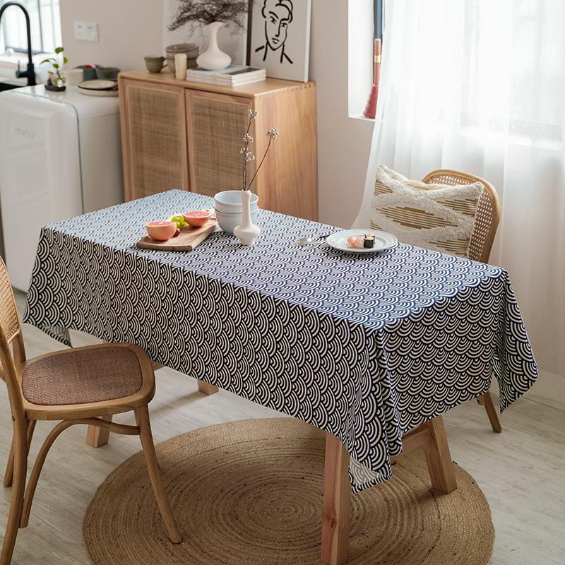 Round/Rectangle Tablecloth With Plaid Geometry Polyester Cotton Dust-Proof Washable Table Cover For Coffee Tea Dining Decoration