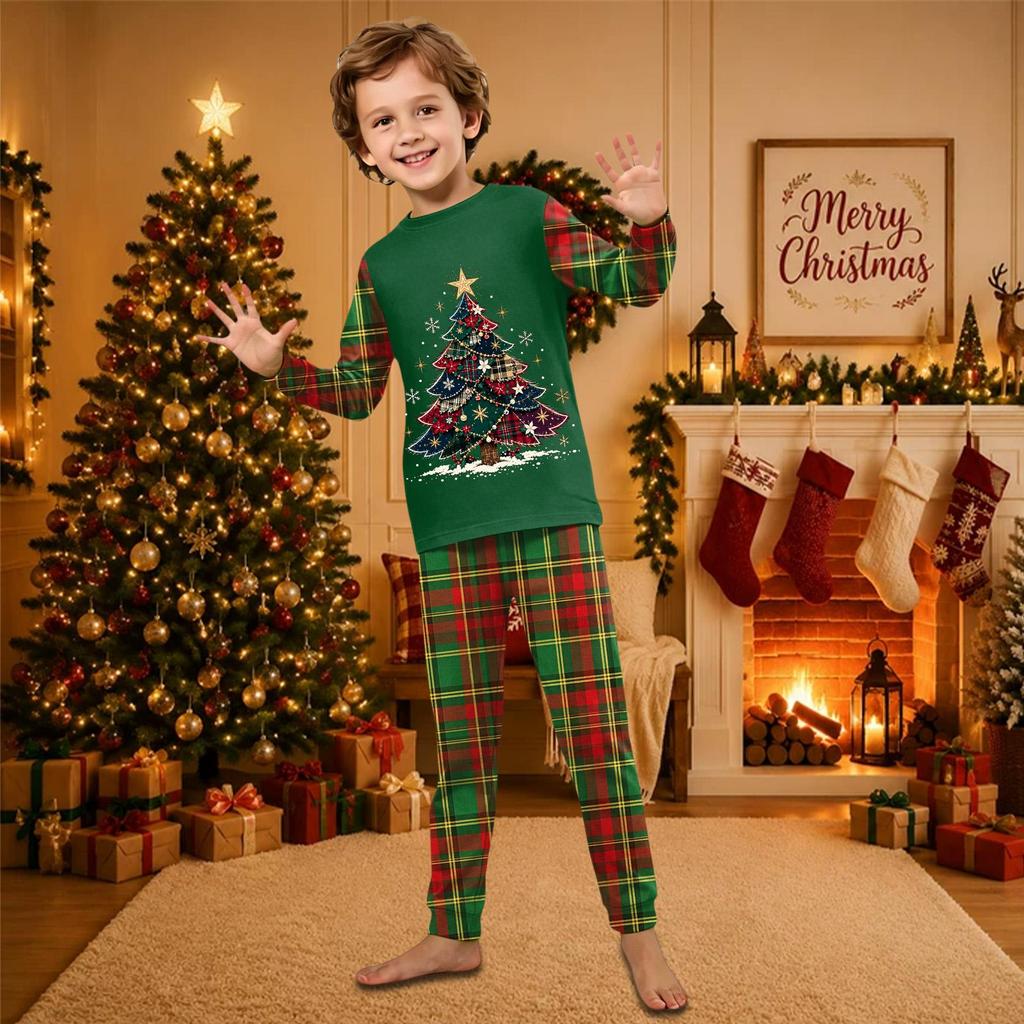 Christmas-print long-sleeve and long-pant matching family loungewear set
