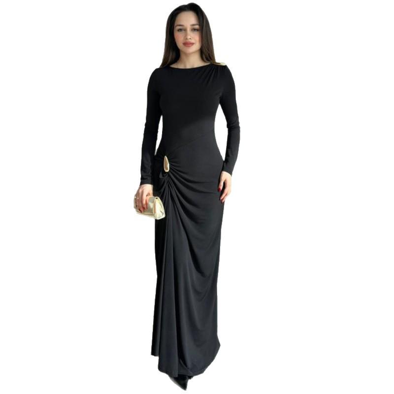 2025 European/American Bodycon Sheath Dress: Solid Color, Long Sleeve, Round Neck, Button & Pleated Details