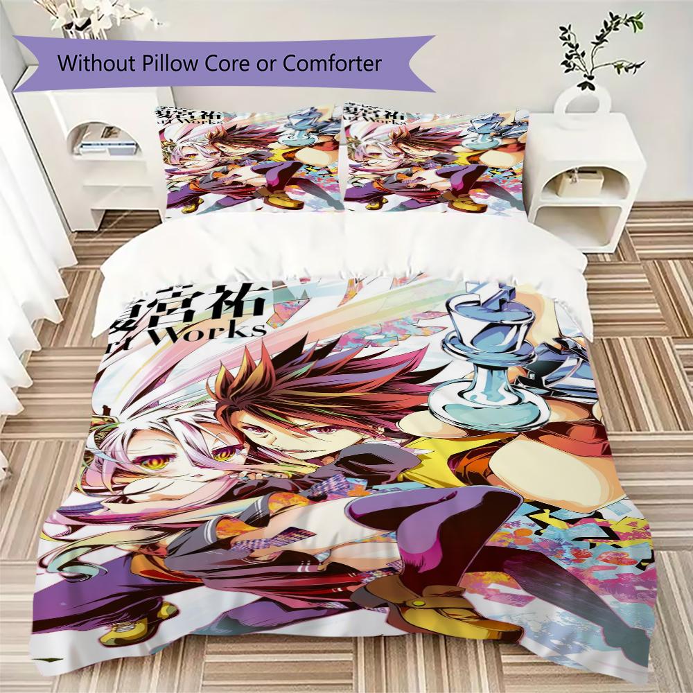 No Game No Life Pattern Bedding,Quilt Set Quilt Cover Pillowcase Home Birthday Gift(1 * Duvet Cover + 2 * Pillowcase, Without Core)_lx