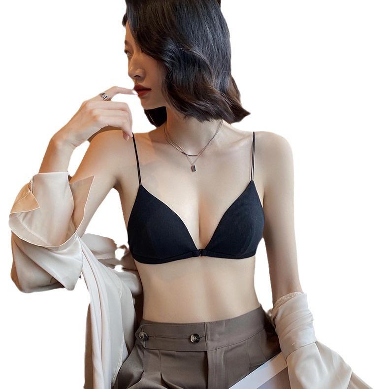 Women's Sexy French Triangle Cup Front Closure Bra Set with Thin Straps and Beautiful Back Design