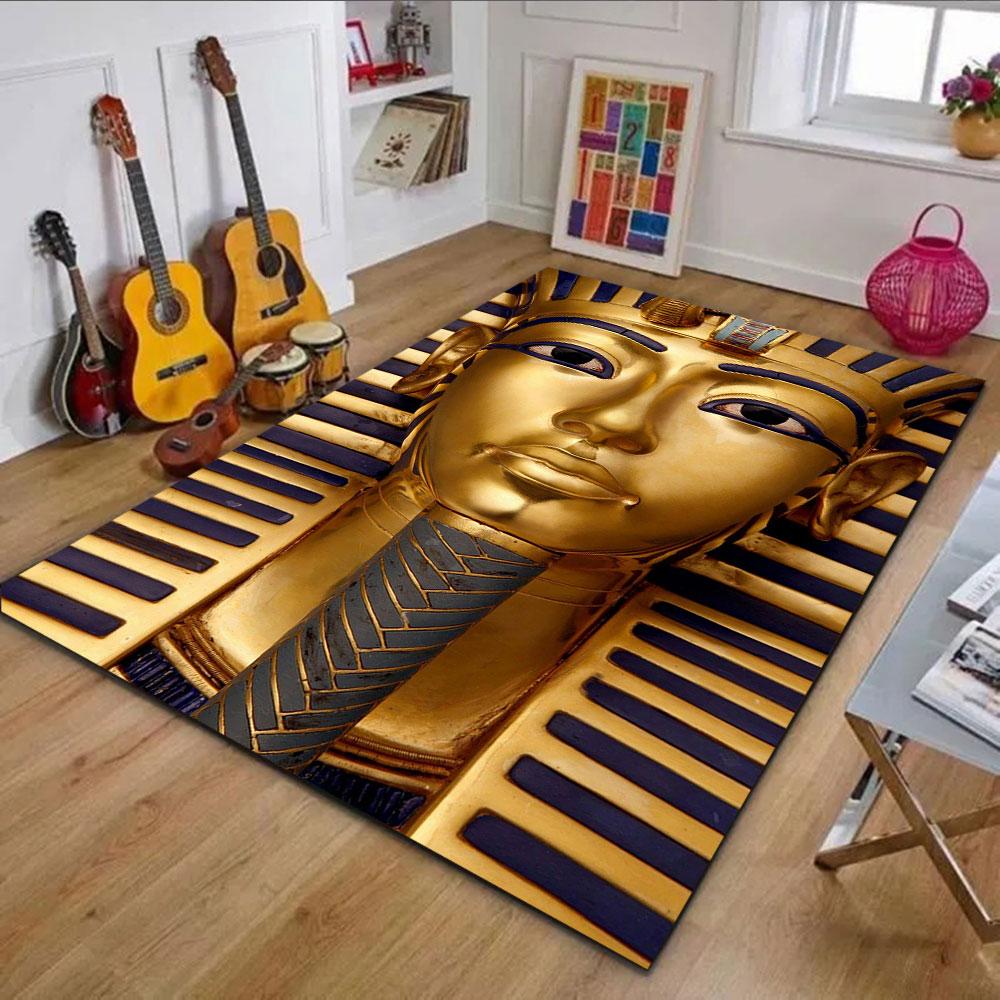 Golden Pharaoh's Mask Design Patterned carpet, non slip mat suitable for living room and bedroom sofas