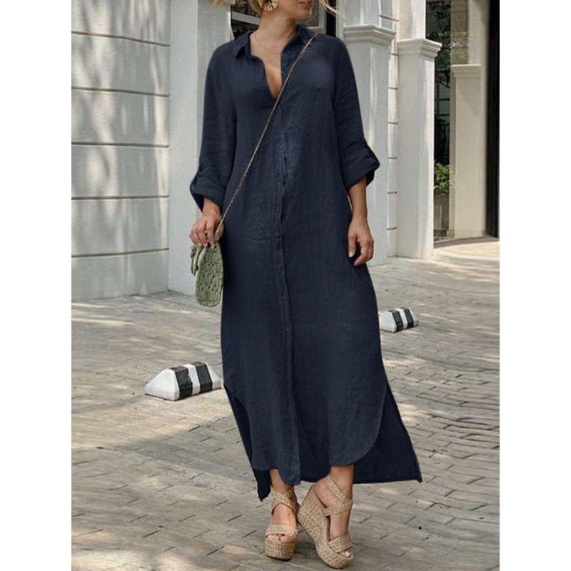 Cotton and Linen Button up Long Skirt Dress Cotton and Linen Button Dress
