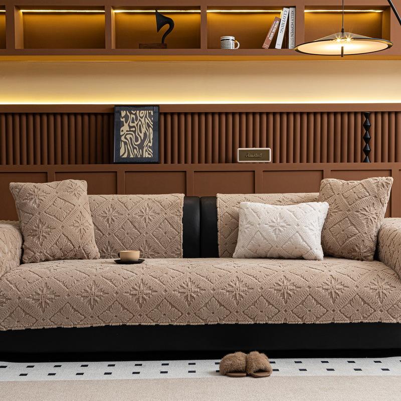 Retro High-End Straight Row Sofa Cushion Autumn And Winter Plush Leather Sofa Special Seat Cushion Fixed Non-Slip Cover Cover Cloth