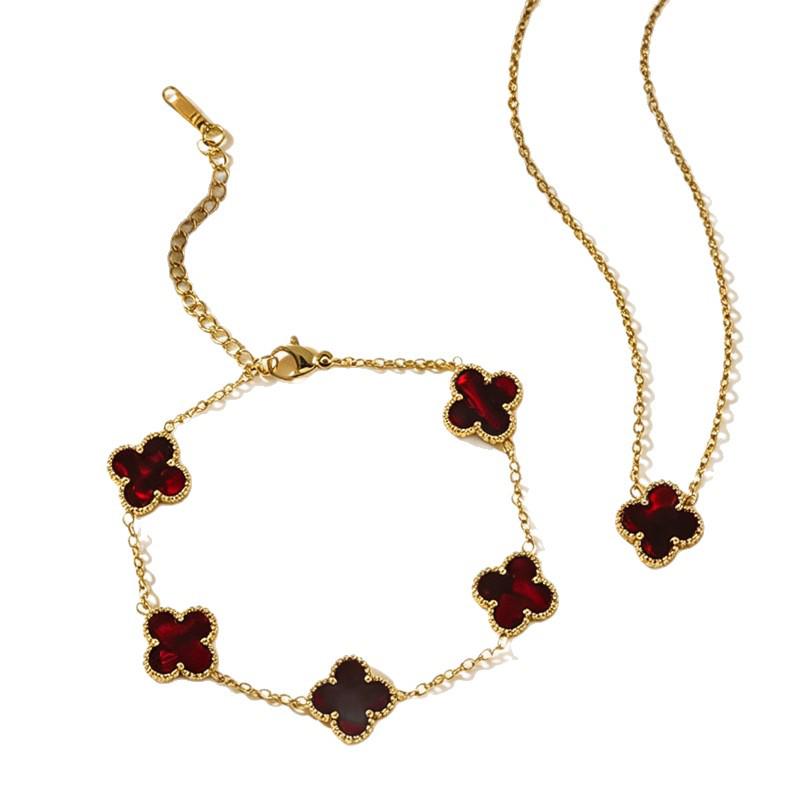 18 Karat Glücksklee Schmuckset: Vierblättriges Kleeblatt Halskette, Armband und Ohrringe
