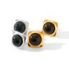 Square stainless steel inlaid obsidian stud earrings, stylish vintage aesthetic, high-end quality, fade-resistant