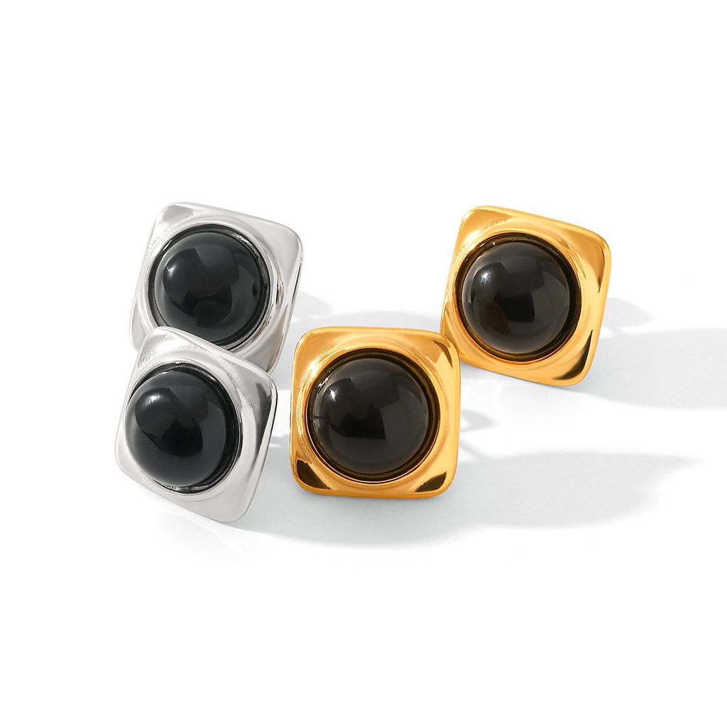 Square stainless steel inlaid obsidian stud earrings, stylish vintage aesthetic, high-end quality, fade-resistant
