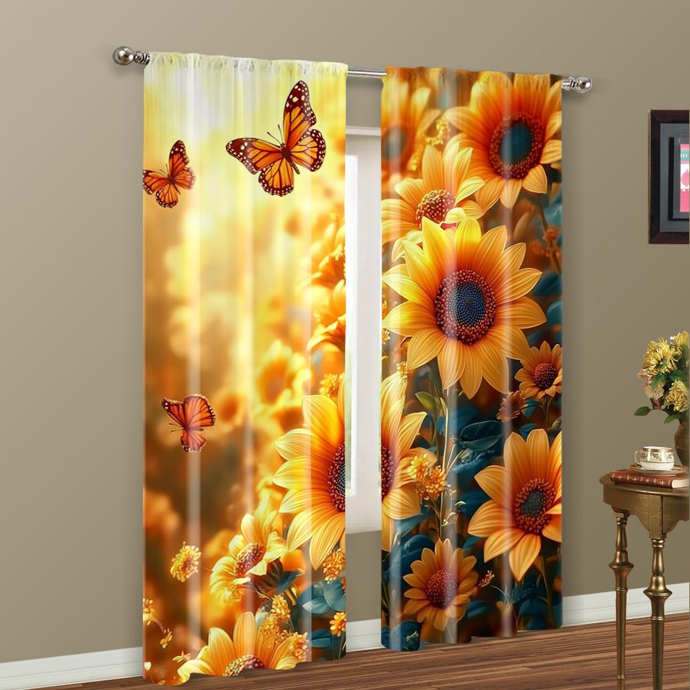2pc,  Window Curtains Sunflower 100% Polyester,Without Electricity Family Party Decoration Applies To Hotel Decoration