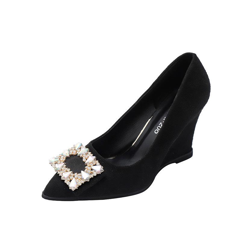 

2025 новые туфли-лодочки с острым носком, квадратной пряжкой, стразами, французские черные туфли на высоком каблуке, женские туфли на тонком каблуке, темпераментные, универсальные, с мелким вырезом 43