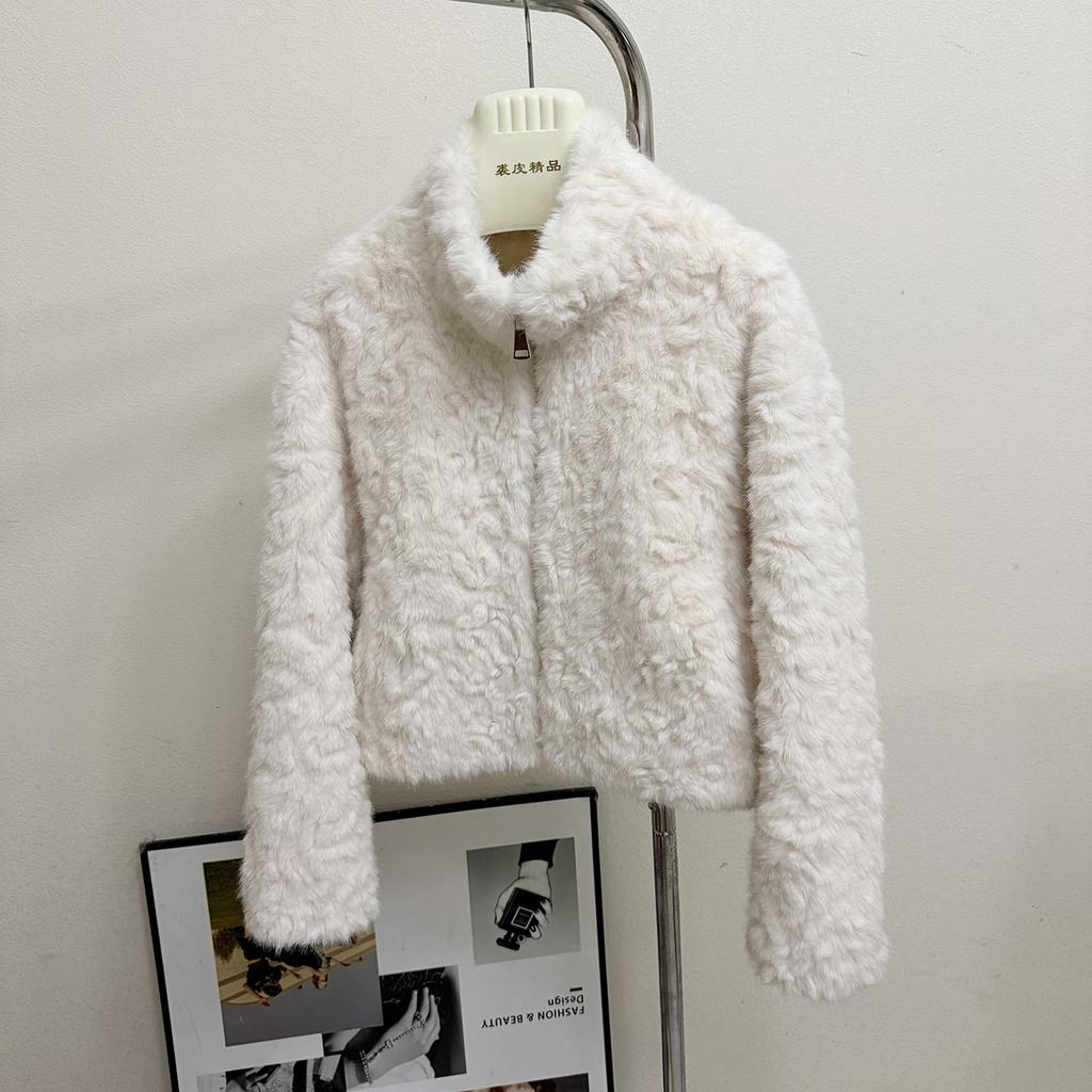 Off-white High-end Stand-up Collar Environmentally Friendly Fur Jacket for Women's Autumn and Winter New Temperament Plush Short Top