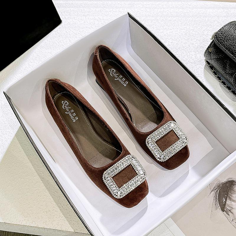 Low-heeled single shoes women's 2025 new spring and autumn women's shoes rhinestone buckle French square head shoes black thick-heeled high heels