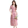 Summer new fashion pleated V-neck floral thin temperament elegant pendulum dress