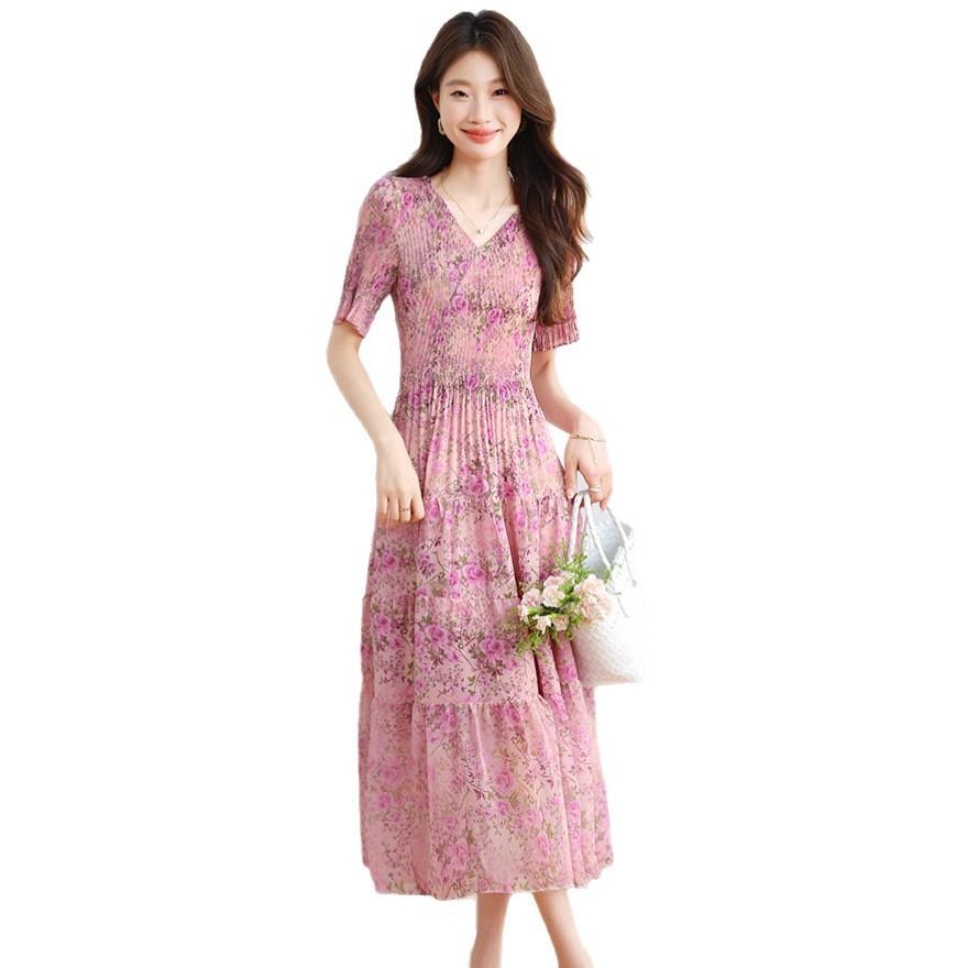 Summer new fashion pleated V-neck floral thin temperament elegant pendulum dress
