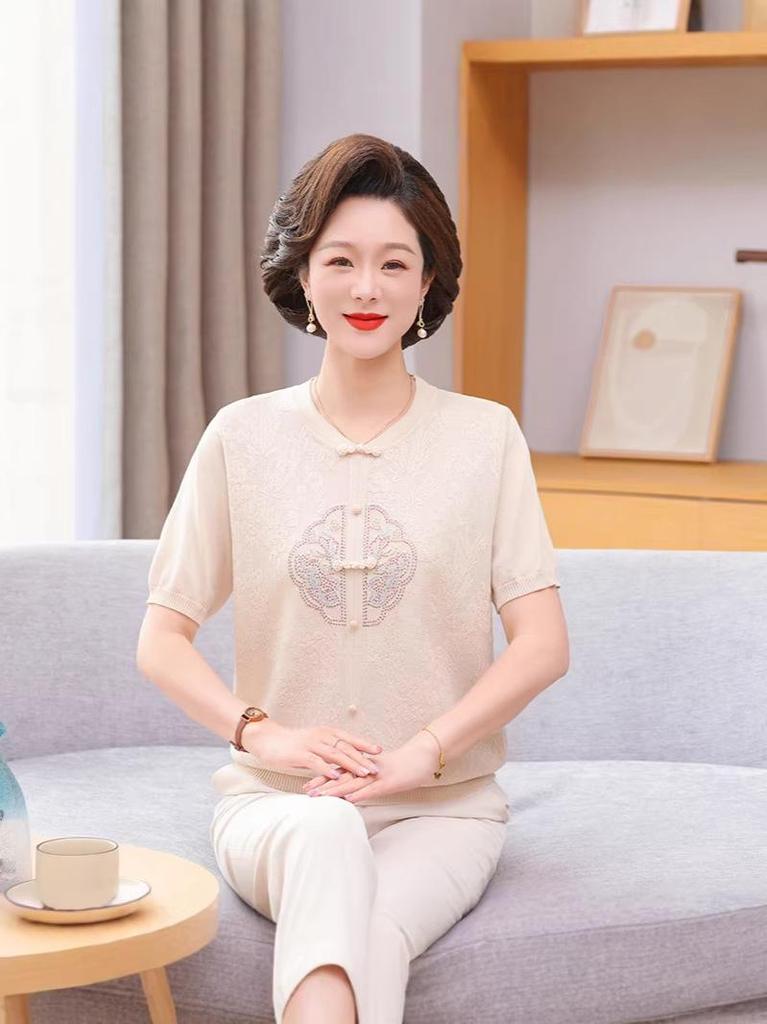 2026 New Chinese Style Ice Silk Short Sleeve Top for Middle-aged and Elderly Women