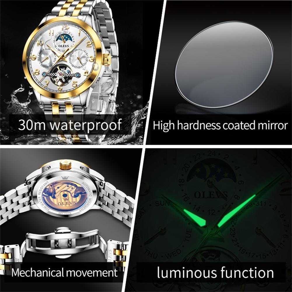OLEVS 7018 Men's Watches Dgital Dial Skeleton Flywheel Automatic Mechanical Wristwatch Luxury Moon Phase Week Calendar Man Watch