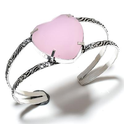 Natural Pink Chalcedony Gemstone 925 Sterling Silver Cuff Bangle Adjustable m2G89