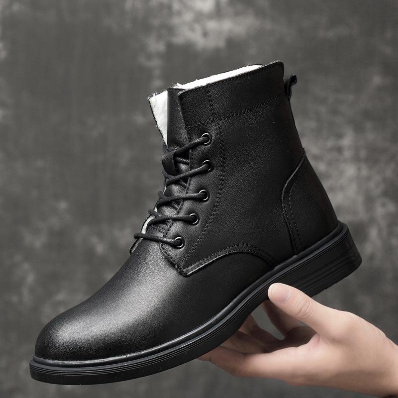 Men's Black Leather High-Top Martin Boots, Large Size, Warm Cotton Lining for Outdoor Work In Autumn and Winter