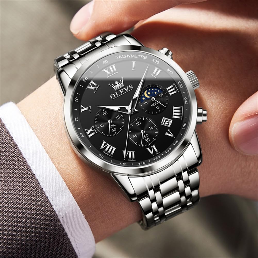 Silver Popular Waterproof Analog Quartz Watch for Stylish Stainless Steel Watch with Date Simple Large Black Stylish Moon Olevs Watch Men's Watch,