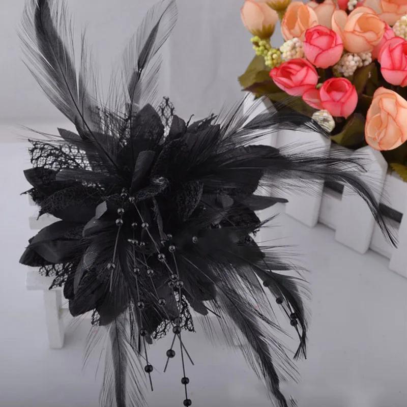 Women's Fashion Flower Feather Bead Corsage Hair Clip Bridal Hairband Brooch Pin Brida Barrettes Hair Mesh Accessories Jewelry