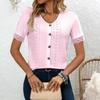 Women Short Sleeve V Neck Hollow Lace Trim Button T Shirt