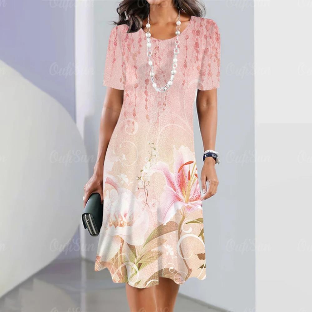 Letnie luźne i eleganckie ubrania damskie Kwiecista sukienka z krótkim rękawem Sukienka na imprezę wieczorową Okrągły dekolt Sweter Ubrania uliczne