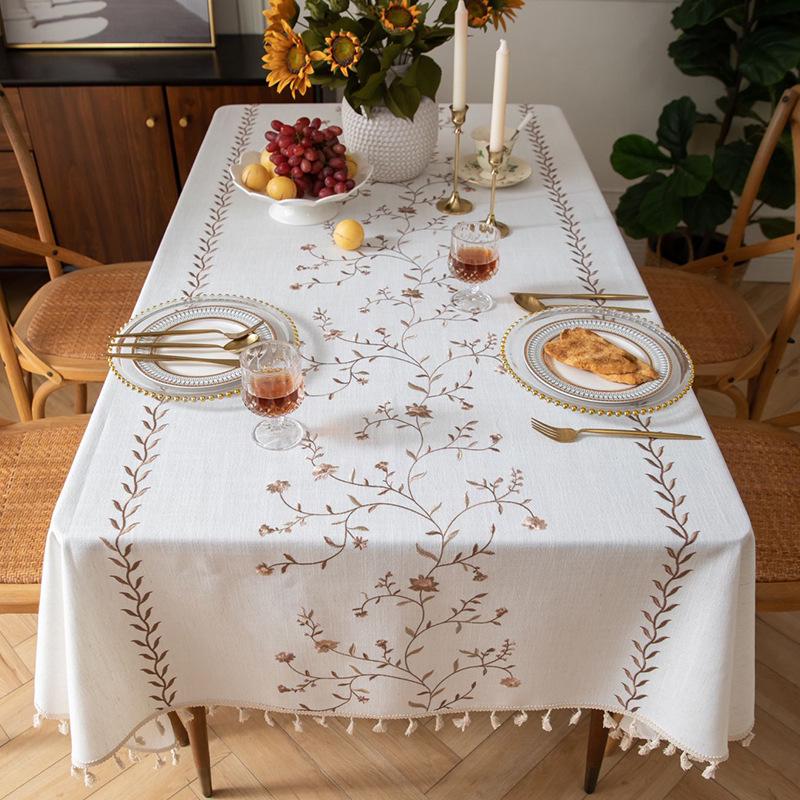Ying Cross-Border Cotton Linen Embroidered Tablecloth, French Retro American Style, Rectangular.
