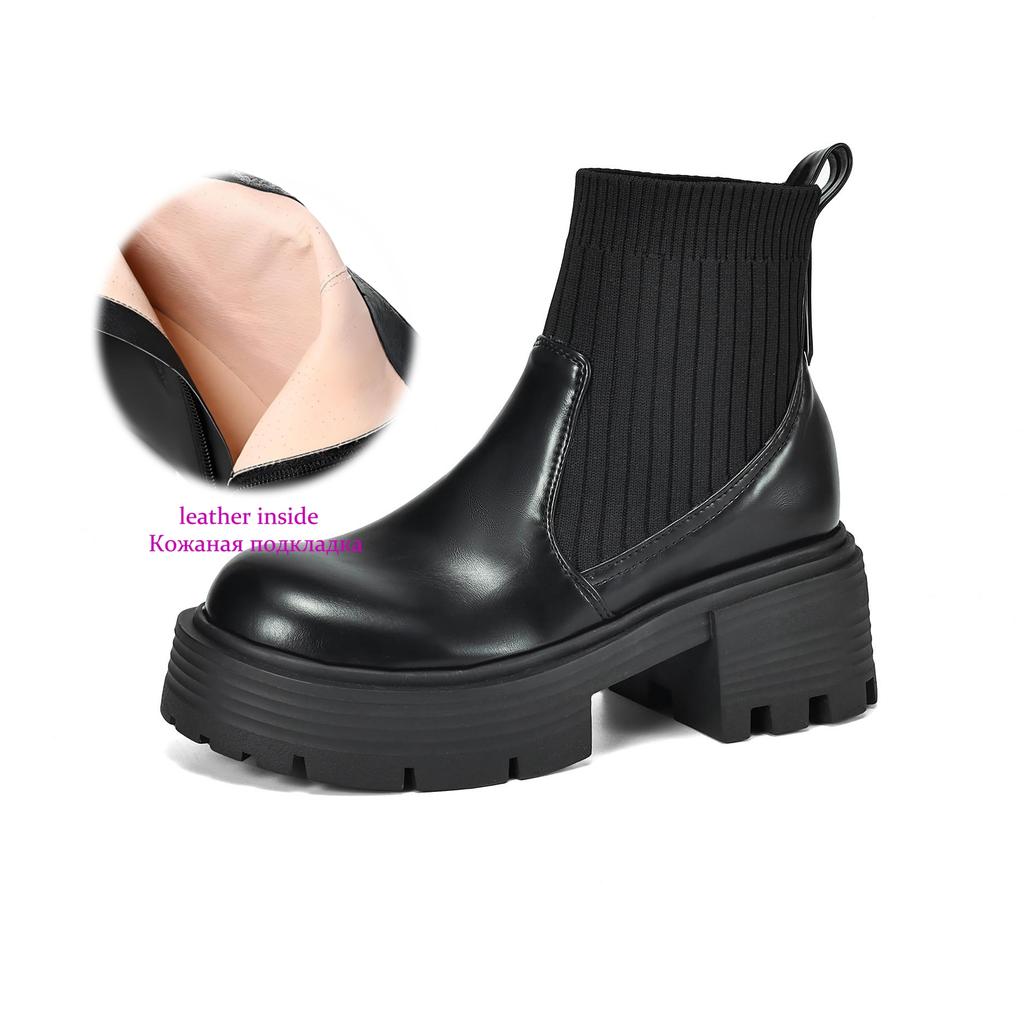Krazing Pot Microfiber Autumn Winter Shoes Thick High Heels Thick Bottom Size 43 Motorcycle Boots Stretch Knitwear Ankle Boots