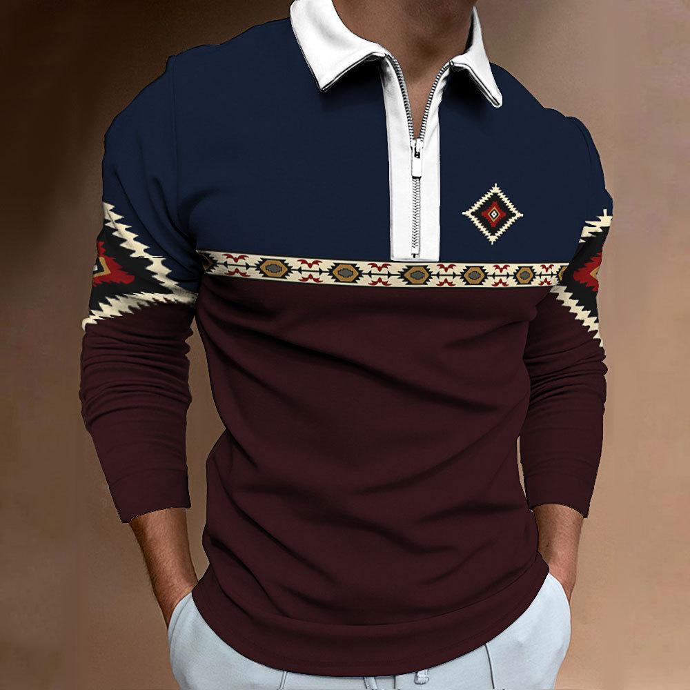 Neues Herren Sweatshirt mit Reißverschluss, lässig, slim fit, Herren Poloshirt mit Streifen und Digitaldruck, lange Ärmel