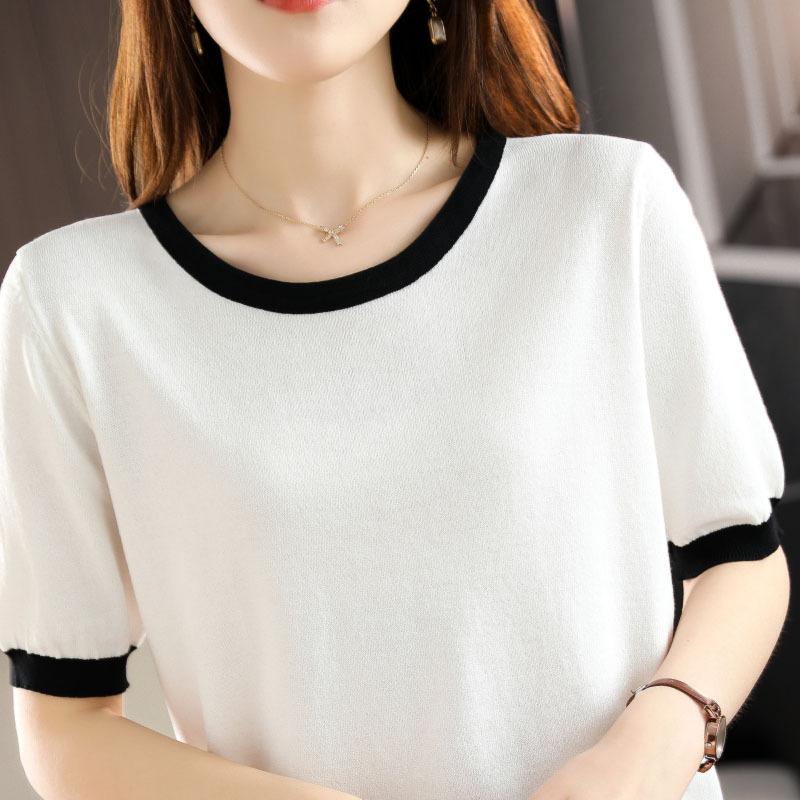 Crew Neck Color Matching Knitted Short-sleeved Summer New Loose and Versatile Foreign Style Thin Bottoming Shirt Top